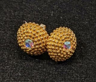Vintage Avon Gold Tone Aurora Borealis Crystal Round Stud Earrings 13066