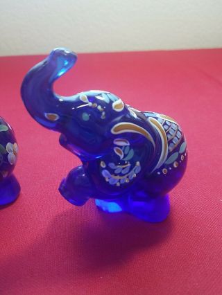 Fenton Glass Elephant Cobalt Blue Hand Painted Collectible Elephant Figurine Set 2