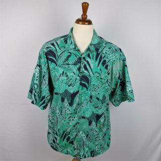 Vintage Blue Floral Design Hawaiian Button Up Shirt Size M