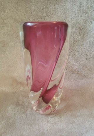 Vintage Chribska Bohemian Czech Hand Blown Art Glass Spiral Vase Cranberry Pink