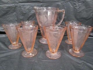 Pink Depression Glass 7 Piece Water Set - Floral Poinsettia Pattern