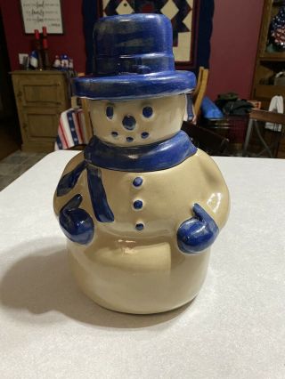 Bbp Beaumont Brothers Pottery Snowman Cookie Jar Salt Glaze Blue/grey