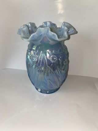 Fenton 7 3/4 " Misty Blue Daffodil Vase Designed By Marta Reynolds