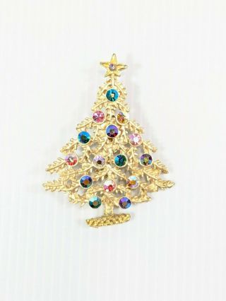 Vintage Gold Tone Colorful Aurora Borealis Crystal Christmas Tree Pin Brooch