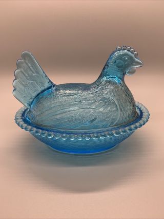 Indiana Glass Aquamarine Horizon Blue Hen On Nest Chicken Dish - Extremely Rare