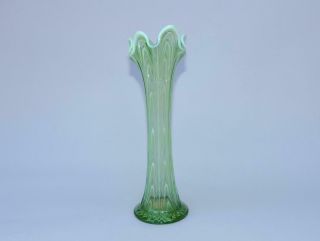 Fenton 11 ½ " Green Opalescent Reverse Drapery Or Boggy Bayou Swing Vase Vintage