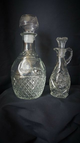 2 Vintage Clear Crystal Cut Glass Small & Large Decanters W/ Stopper Wine Or Oil