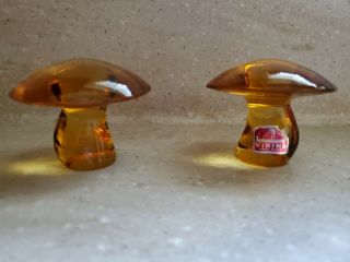 2 Vintage Viking Glass Amber Mushroom Paperweights 2 " Size Vgc 1 Lable