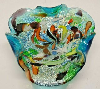 Vintage Murano Art Glass Tutti Fruitti Blue Silver Flex Bowl/ashtray 8 " 1950s