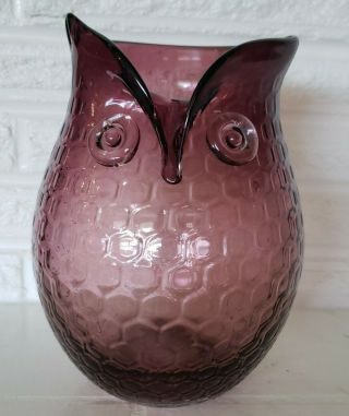 Purple Vtg Large Owl Vase Pitcher Honeycomb 8.  0 " Murano? Amethyst? Glass Euc