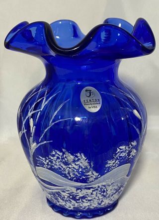 Vintage Fenton Cobalt Blue Winter Scene Ruffled Vase Signed By D.  Fredrick