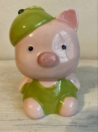 Vintage Pink Ceramic Pig Piggy Bank W/ Green Outfit 5 "