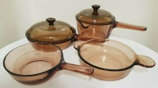 6 Piece Vintage Corning Vision Ware Amber Glass Cookware Pots Pans Fry Pan 2 Lid