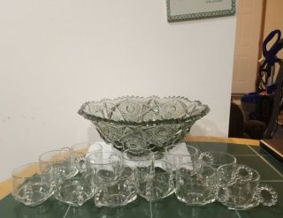 Vintage Stars Crystal Cut Scalloped Edges Punch Bowl Set W/ 12 Cups 13 " Diameter