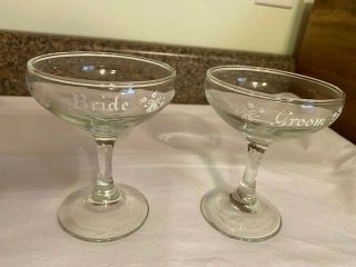 Vintage Bride And Groom Toasting Champagne Coupe Glasses With White Lettering