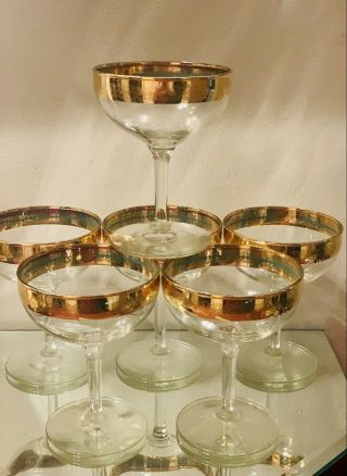 Vintage Culver Elegant Glass Gold/turquoise Trim Champagne Stemware Set Of 2