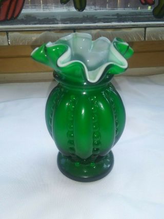 Rare Fenton Glass Green Ivy Overlay Beaded Melon Tri - Corner Mini Vase
