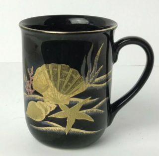 Otagiri Mug Gold Sea Shell Starfish Vintage Japan Porcelain Black
