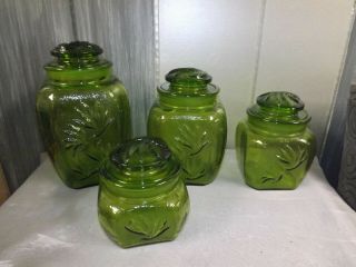 Vtg L.  E.  Smith Sunscroll Green Glass 4 Canisters Set Apothecary Jars