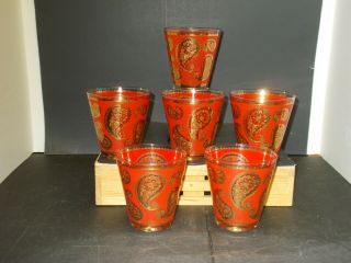 6 Vintage Culver Barware Double Old Fashion Low Ball Red Paisley