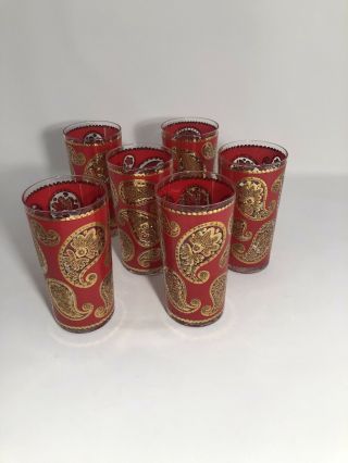 1960s Culver Red And 22 - Karat Gold Paisley High Ball Glasses Set Of 6
