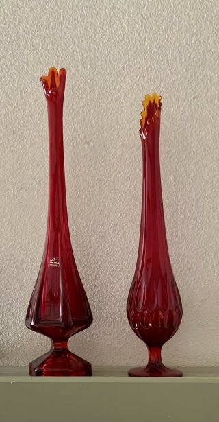 2 Vintage Mid - Century Modern Viking Ruby Red Glass Stretch Vase 18” - 20” Tall