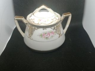 Nippon Hand Painted Double Handle Sugar Bowl With Lid.  Delicate Rose Pattern