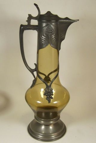 Art Nouveau Claret Wine Jug Glass Mounted With Pewter German Jugendstil