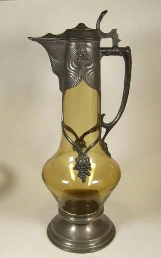 Art Nouveau Claret Wine Jug Glass Mounted with Pewter German Jugendstil 2