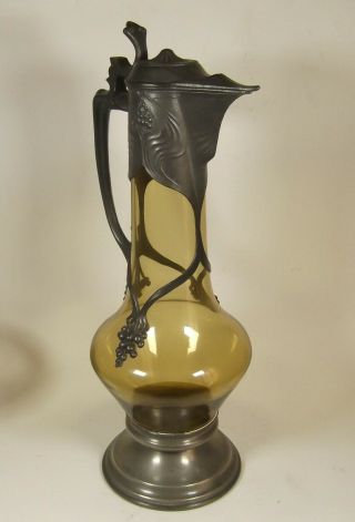Art Nouveau Claret Wine Jug Glass Mounted with Pewter German Jugendstil 3