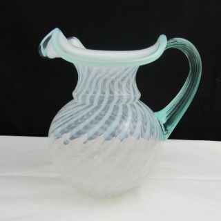 Fenton French Opalescent Spiral Optic Spruce Green Crest Pitcher 1995 C1190