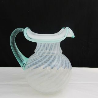 Fenton French Opalescent Spiral Optic Spruce Green Crest Pitcher 1995 C1190 3