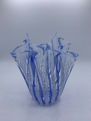 Vintage Mid Century Sky Blue And White Murano Latticino Ribbon Handkerchief Vase
