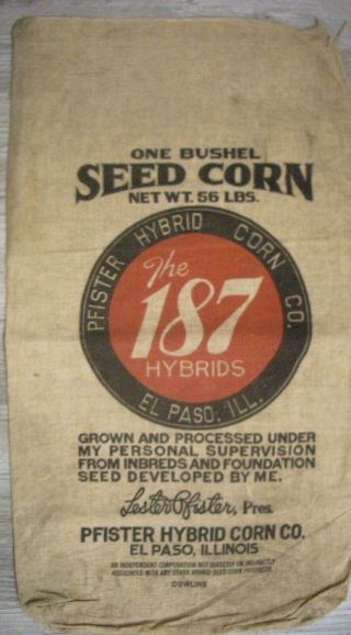 Vintage Cloth Pfister 187 Hybrid Seed Corn Sack Pfister Hybrid Corn Co Elpaso Il