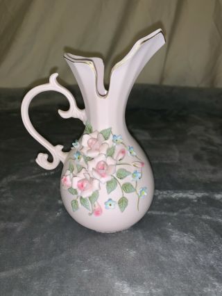 Vintage Lefton China Hand - Painted Pitcher Vases,  Pink - Blue - Gold