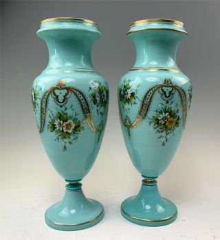 Pair Hand Painted French Blue Bristol Glass 15 - 1/4 " Vases