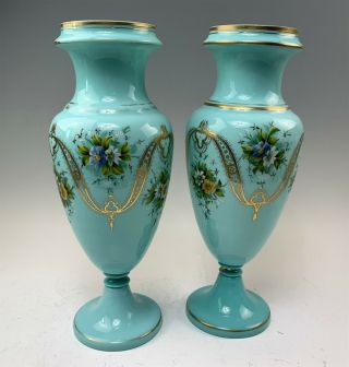 Pair Hand Painted French Blue Bristol Glass 15 - 1/4 