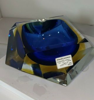 Vintage Italian Murano Mandruzzato Faceted Glass Large Ashtray Blue Amber Bowl