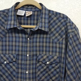 Vintage Western Frontier Pearl Snap Blue Black Gray Plaid Short Sleeve Shirt Xl