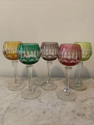 Set Of 5 Bohemian Cut To Clear Crystal Multi Colored Wine Goblets,  Glasses 8in
