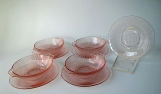 Vintage Pink Homespun Depression Glass Berry Bowls & Saucers Set Of 9 Fine Rib
