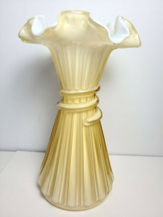 Fenton Art Glass Wheat Vase With Ruffle Top White Encased With Gold