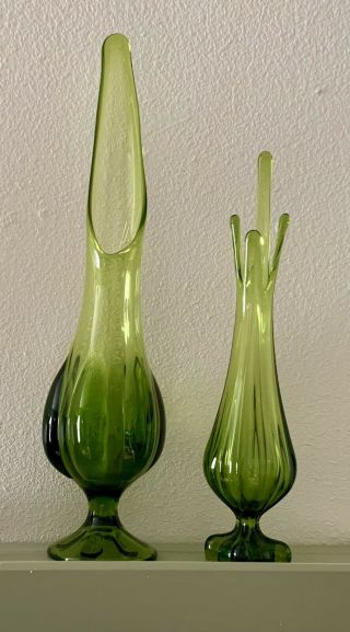2 Vintage Mid - Century Modern Viking Green Glass Stretch Vase 15” - 20” Tall Pair