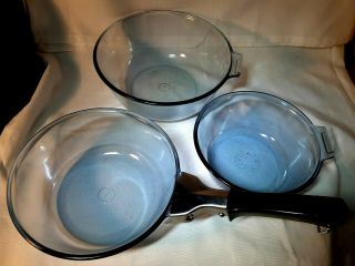 Set Of 3 Vintage Pyrex Flameware Blue Tint Cookware Pans 832b,  833b & 834b - Usa