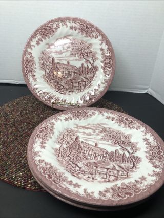 4 Churchill " The Brook " Pink Dinner Plates (made In England) House Cottage Minty
