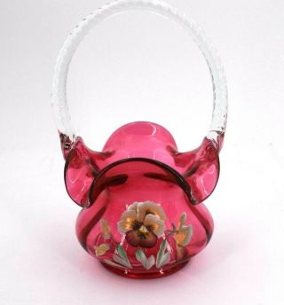 Fenton Cranberry Hand Painted Flower Basket With Clear Handle
