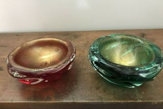 2 Vintage Mid 20thc Italian Murona Art Glass W/ Gold Aventurine Bowls Dishes