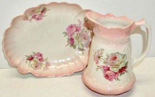 Vintage Old Foley (james Kent) Porcelain Victoria Rose Pattern Pitcher & Dish