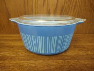 Rare Vintage Pyrex Blue Barcode Lines 474 1.  5qt Casserole Dish W/ Lid 1966 Promo