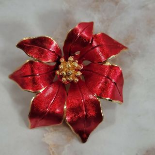 Vintage Christmas Pin Brooch Red Poinsettia Gold Tone Signed Cerrito